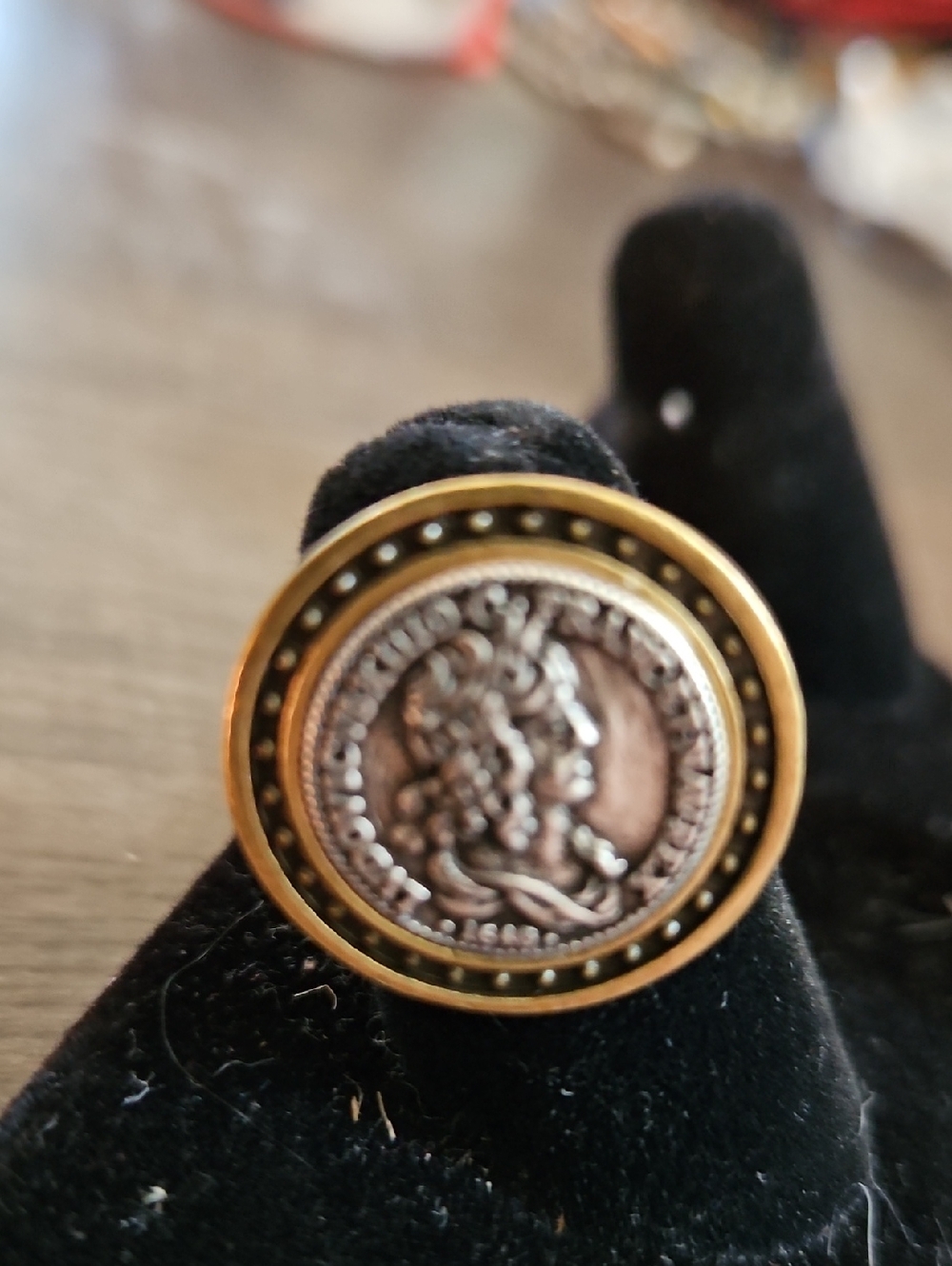French Kande Roman Coin Medallion Signet Ring in Gold and Bronze Tones